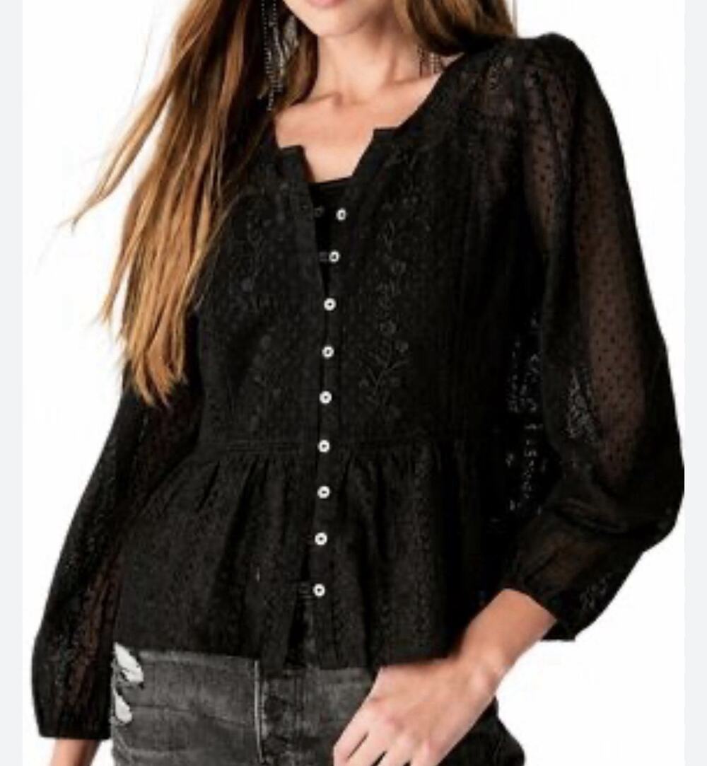 Lucky Brand Blouse Womens M Black V Neck Long Puff Sleeve Lace Peasant Tunic Top